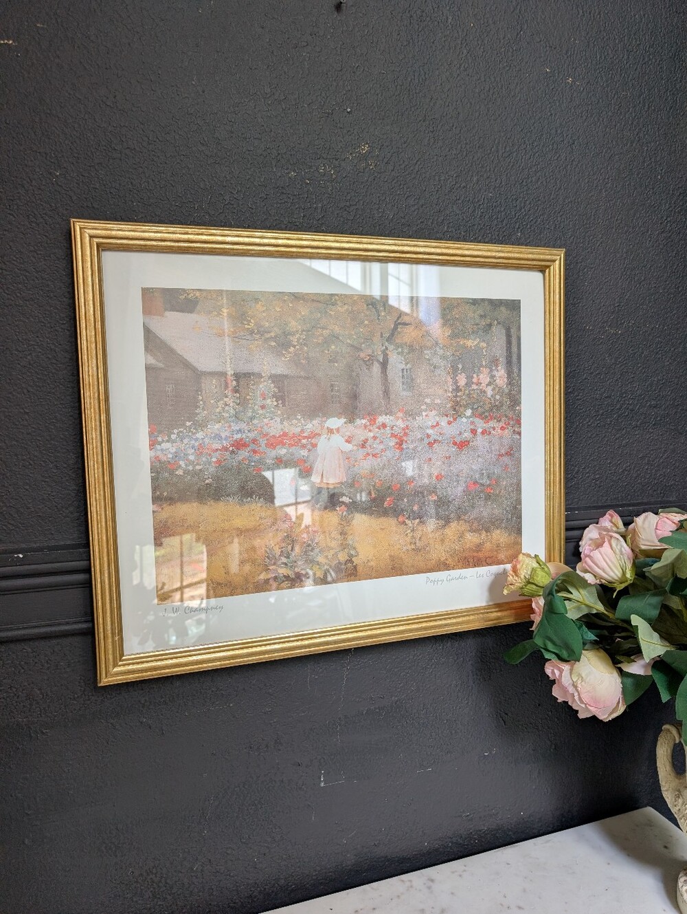Vintage Large "The Poppy Garden" Print in Gold Wood frame 21.5" x 17.5"